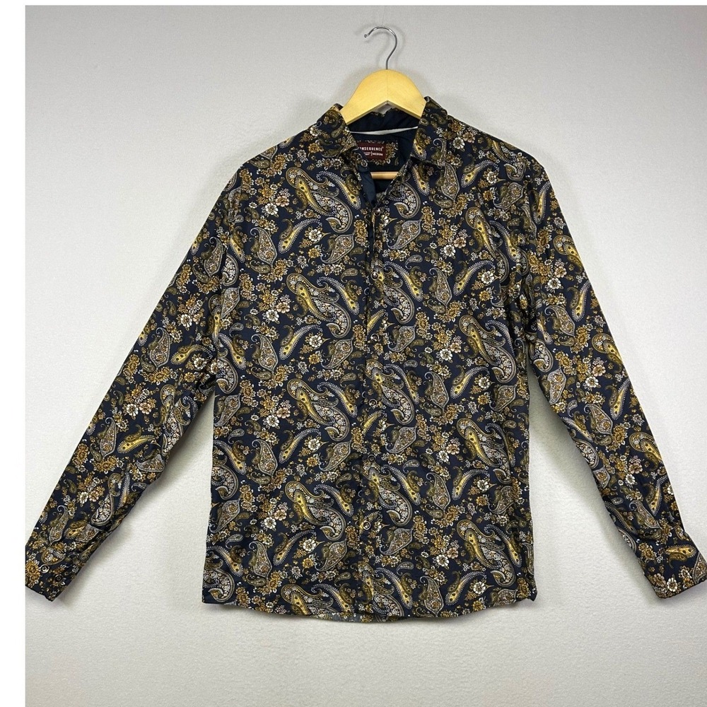Boho Retro Consequence Women Med Navy Tobacco Paisley Floral Button Down Shirt